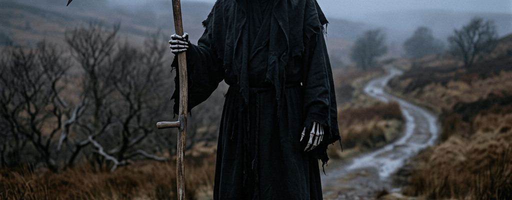 Hooded figure holding a scythe on a misty moorland path